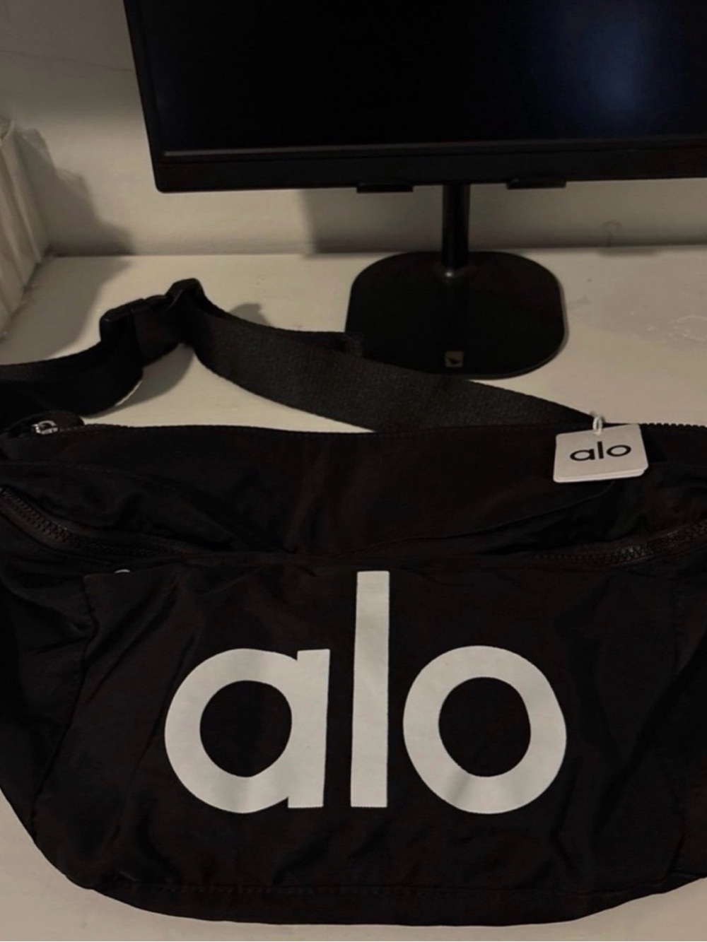 ALO Yoga Black Crossbody Fanny Pack with White Logo